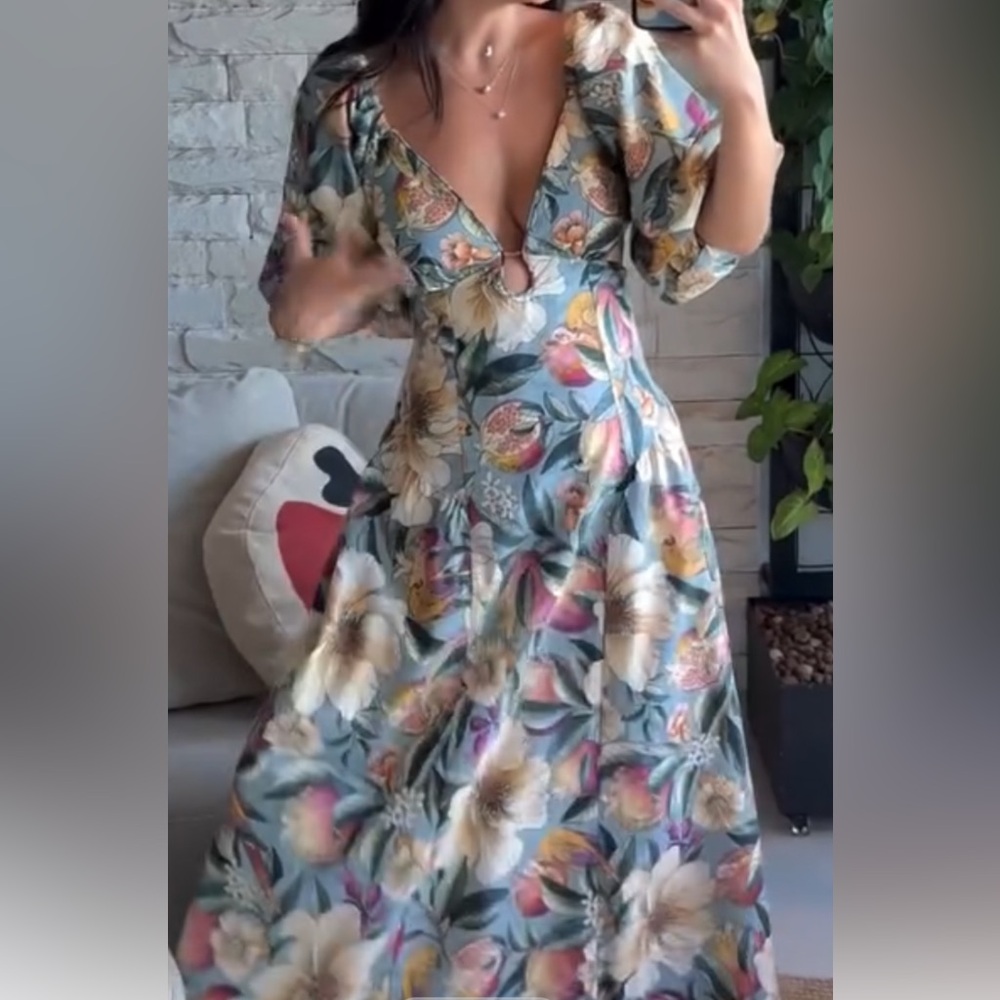 FARM Rio Sage Green Floral Maxi Dress with Multicolor Blooms - Picture 3 of 9